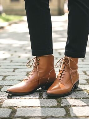 INTENTIONALLY BLANK West Cognac Brown Leather Lace-Up Victorian Ankle Boots